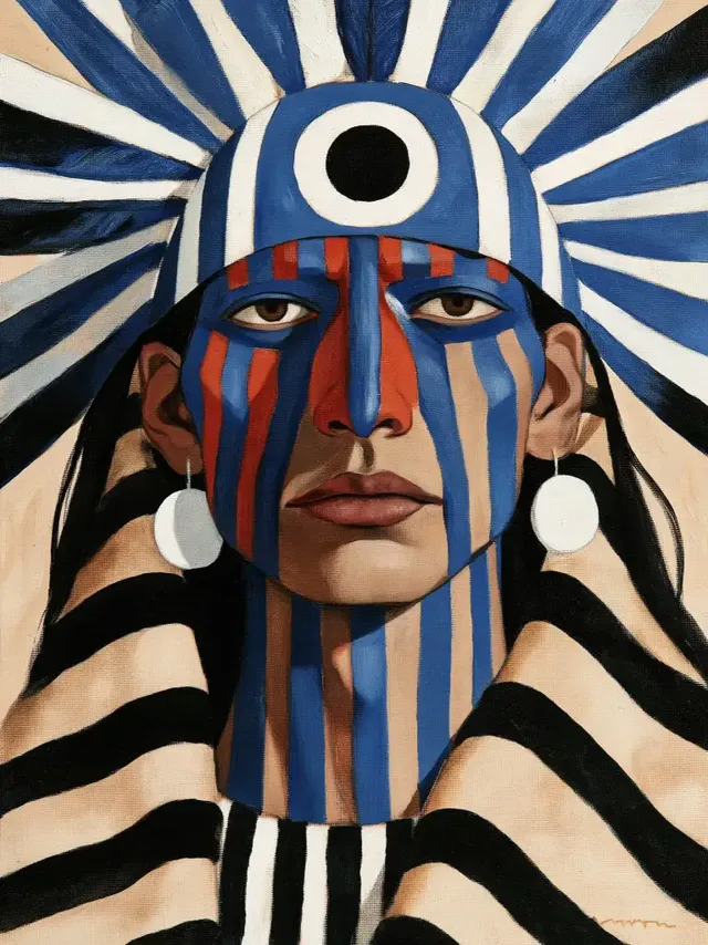 Digital art portrait of an Arikara chief featuring intricate tribal floral patterns and traditional regalia against a moody backdrop.