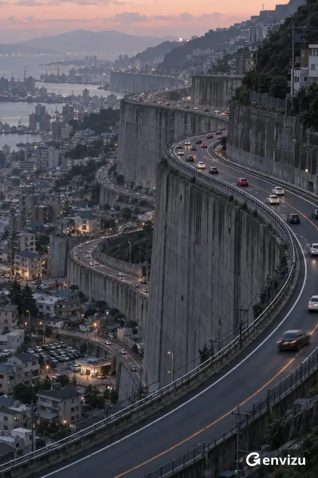 A vast, terraced city built on a mountainside, featuring a prominent S-shaped elevated highway with dense traffic. The highway curves dramatically over massive, multi-story concrete retaining walls, with smaller buildings and infrastructure nestled below. The scene is rendered with a telephoto lens effect, emphasizing scale and atmospheric perspective, with a muted sunset sky.