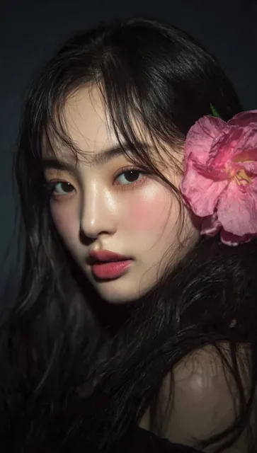 Close-up moody portrait of a young East Asian woman with dark wavy hair, a pink flower behind her ear, and soft ethereal makeup, against a dark charcoal gray background.