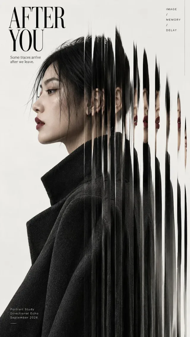 A striking fashion portrait with vertical slit-scan distortion, where parts of the image are fractured into slices while retaining sharp facial features and textures.