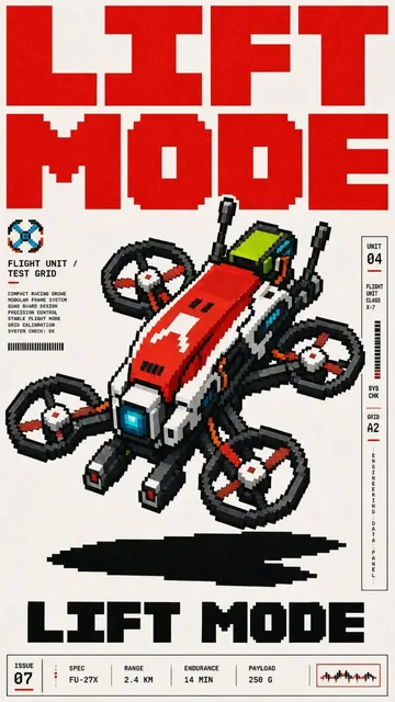 Retro pixel art poster of a hardware device with specifications listed in English, on aged beige paper. The device is in 3/4 view with clear pixelated buttons and interfaces.