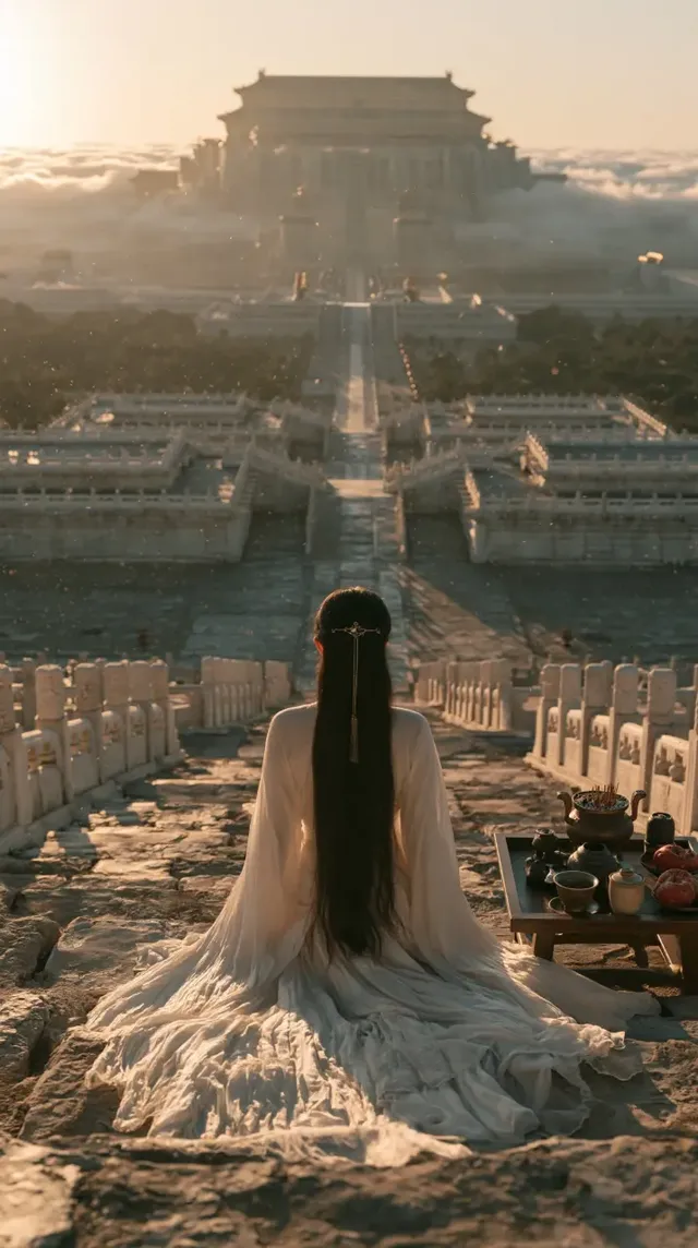 Rear view of a young East Asian woman in an ivory robe sitting on ancient stone steps, facing a monumental celestial palace rising above clouds, with a tea set beside her.