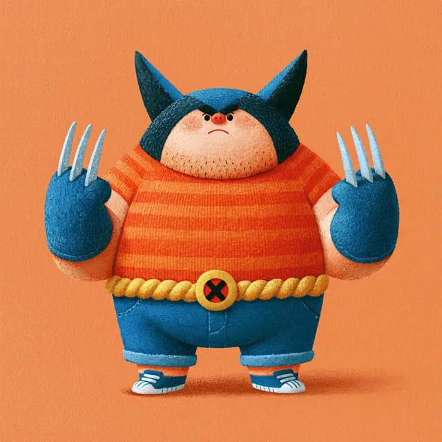 A chubby character dressed as Captain America holding popcorn and a shield, in a textured illustration style.