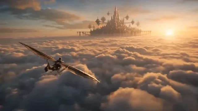 A young courier on a glider flies towards a grand floating city above the clouds at sunrise, with waterfalls cascading into the sky.
