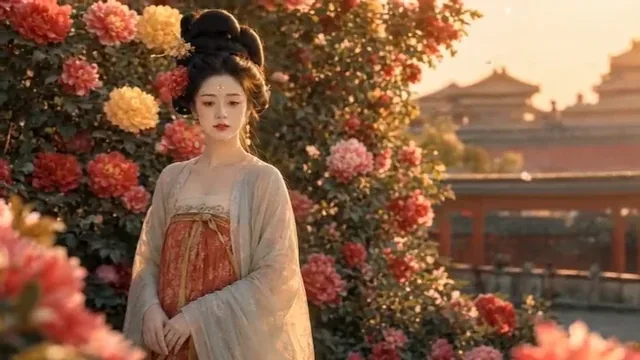 A woman in Tang Dynasty attire with intricate makeup and hair, standing in a garden with a palace in the background, bathed in warm sunset light.