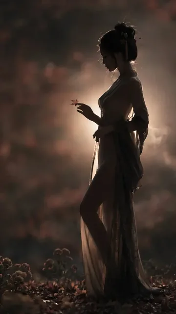 A full-body cinematic portrait of a Song Dynasty woman in a desaturated autumn forest, her figure silhouetted by a backlight creating a soft glow on her hair and sheer silk robes.