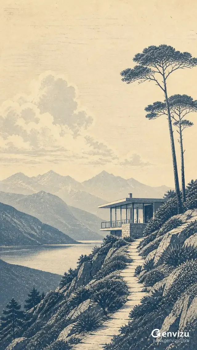 Vertical lithograph print of a minimalist glass-roofed mountain dwelling on a rocky ridge. A narrow path leads to the house, flanked by tall, sparse pine trees. The midground shows a deep blue valley and lake, with receding mountain peaks in the distance. Creamy sky with scattered clouds. Natural morning light creates sharp geometric edges.