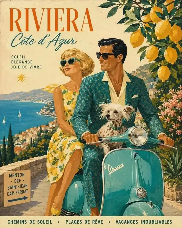 Mid-century travel ad illustration with people, vehicle, and animal in a lush landscape, featuring flat gouache colors, dry-brush strokes, and a cheerful, elegant 1960s European advertising style.