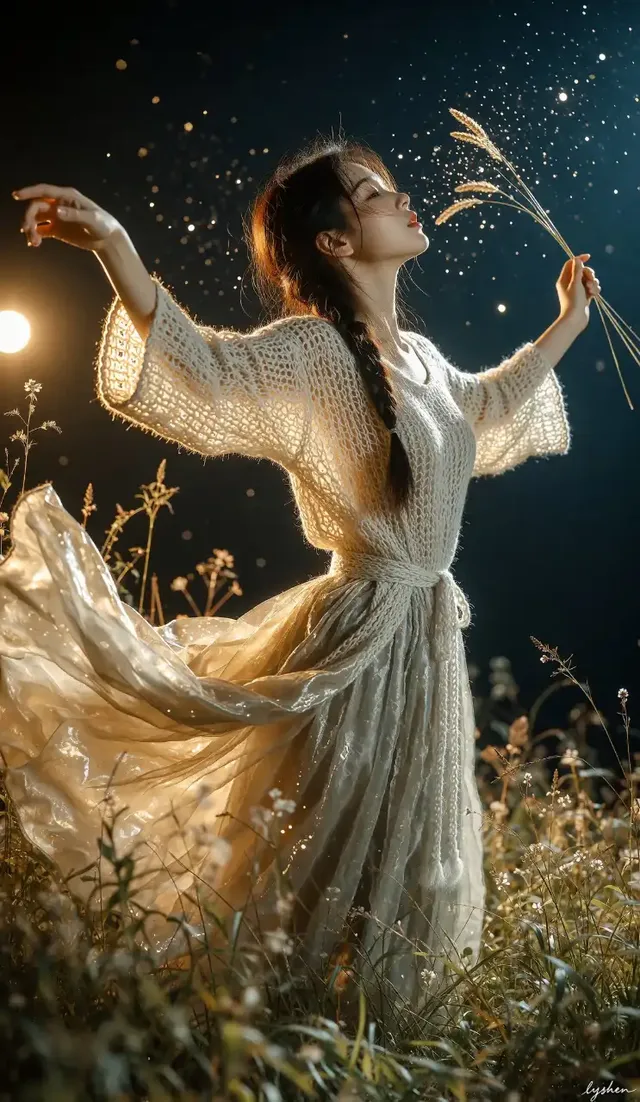 An East Asian woman with long dark hair stands in a dark meadow, illuminated by a warm light source with golden bokeh.