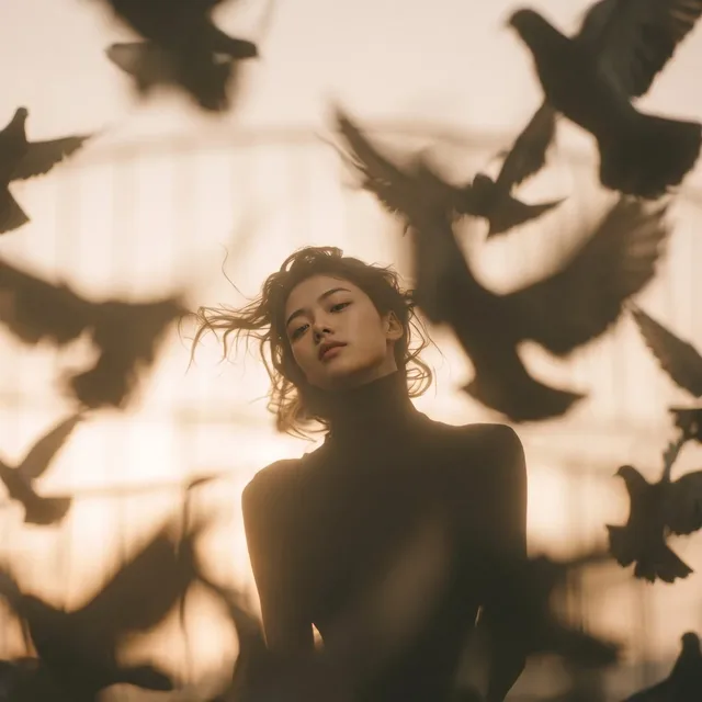 Low-angle cinematic portrait of a young East Asian woman with wind-swept hair, direct gaze. Pigeons in mid-flight create a blurred, dynamic foreground and surround her head. Soft, golden sunset light casts a warm glow.