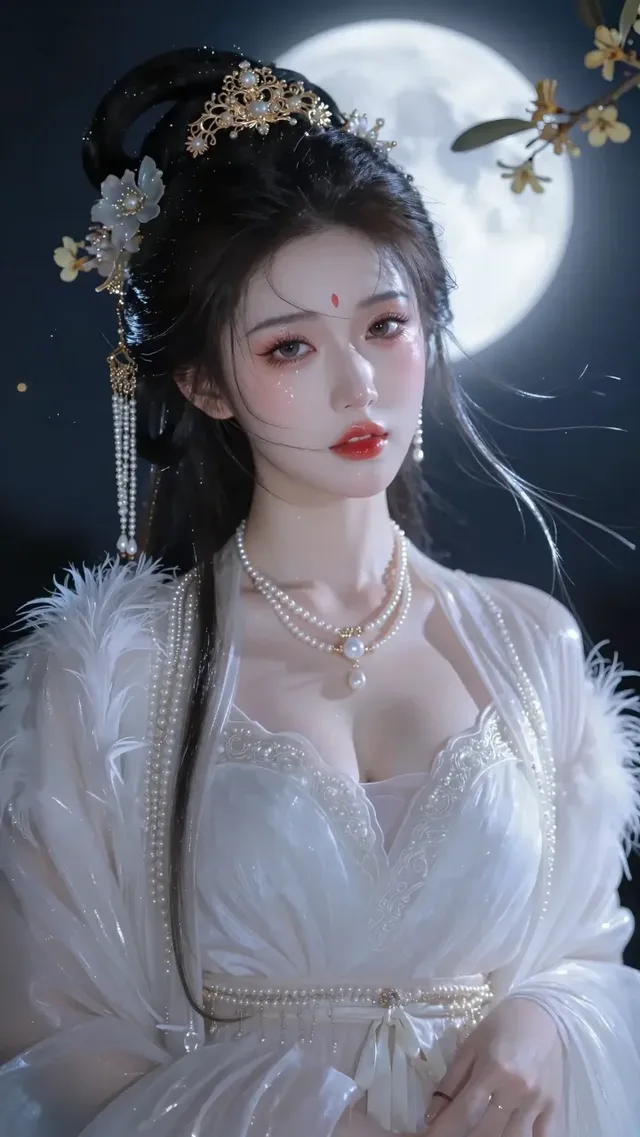 Photorealistic portrait of an East Asian woman with black hair styled in an elegant updo with flowing strands, wearing a white and pearl traditional dress and ornate gold hair accessories, set against a backdrop of a large full moon and starry night sky.
