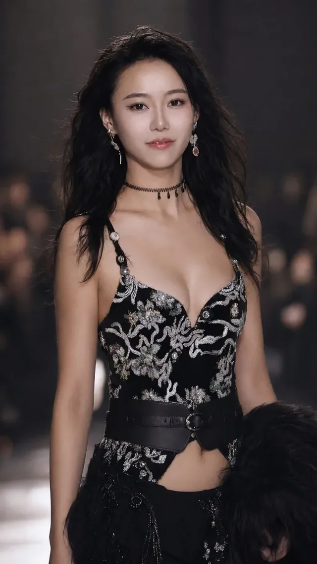 A confident East Asian woman in her 20s, hip-to-head shot, slightly right, in a black lace evening gown with silver floral embroidery, a deep sweetheart neckline, and a leather belt. She wears crystal earrings and a lace choker. Her long, dark wavy hair is styled with a middle part. The background is a dark, blurred, atmospheric night scene with bokeh. Dramatic front and back lighting create a cinematic, high-fashion portrait.