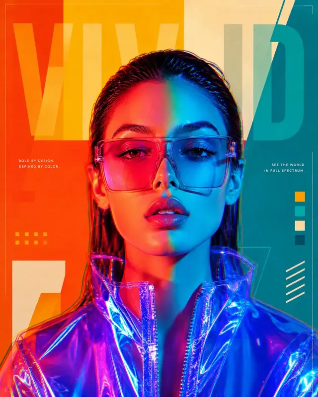 Futuristic editorial poster with a woman's face split by warm and cool lighting, wearing holographic jacket and pink sunglasses, against a geometric color-block background with typography.