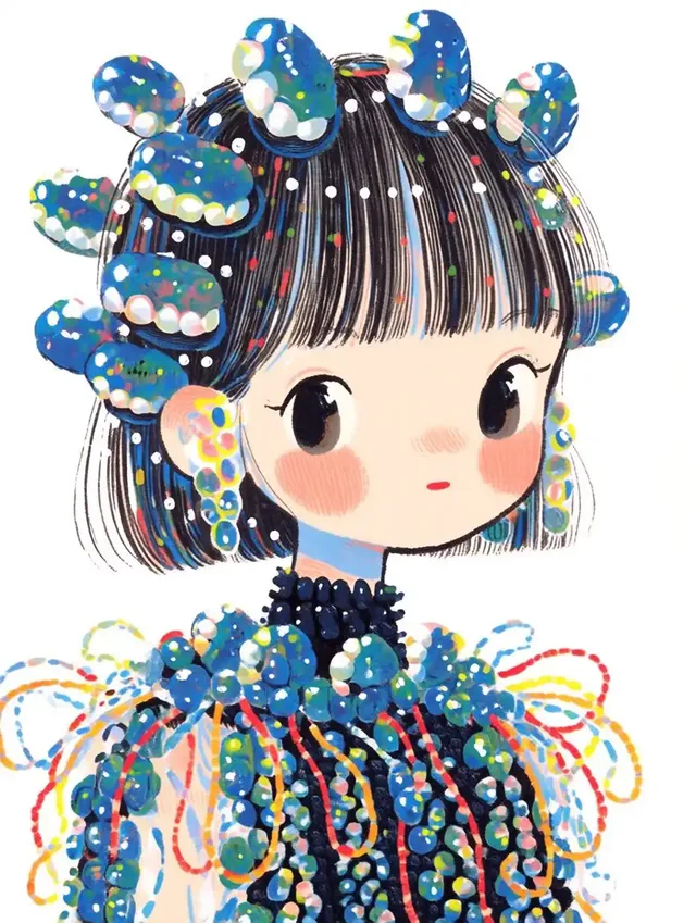 Whimsical fashion illustration of a doll-like girl with a black bob haircut, wearing an extravagant couture dress made of iridescent pearls and beads, with coral-like hair accessories and flowing embellishments.