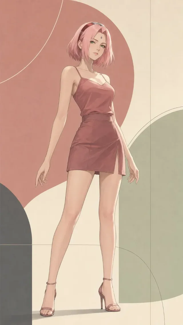 Anime girl poster with minimalist design, featuring a slender figure in a slip dress and short skirt, set against a background of structured Morandi color blocks.