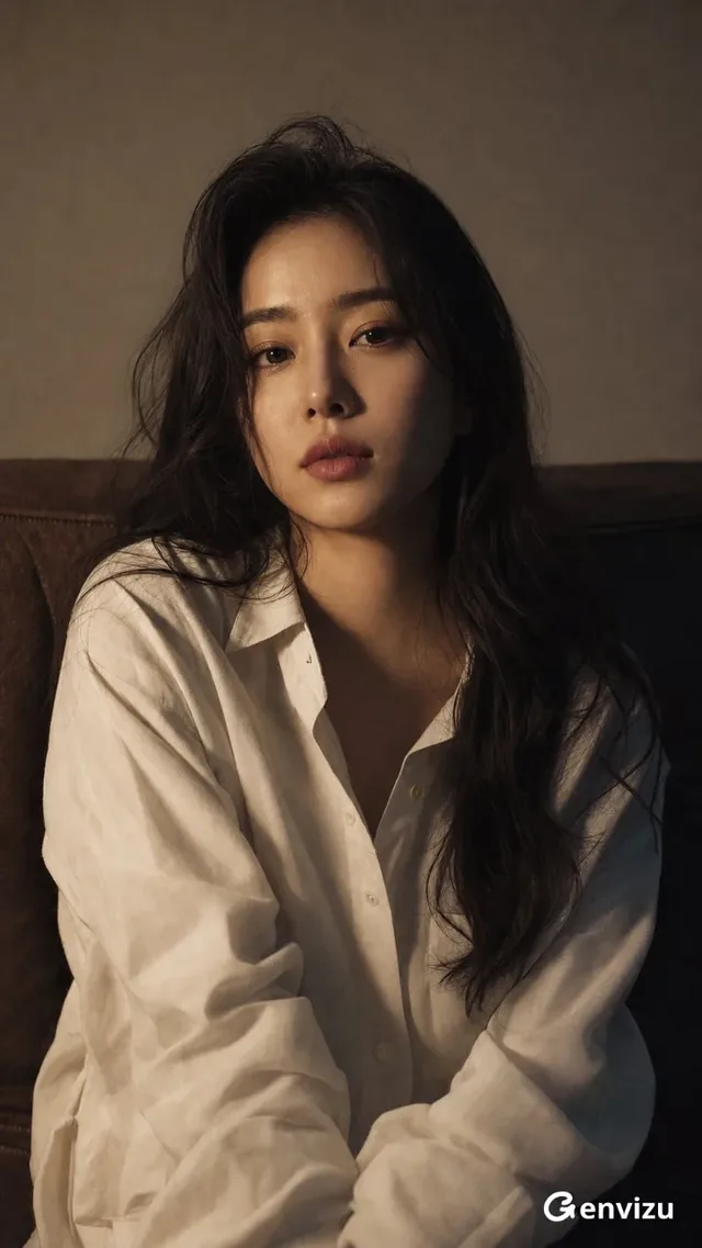 A 26-year-old East Asian woman with dark wavy hair, wearing a loose ivory shirt, sits on a brown sofa. Warm side lighting creates soft shadows and highlights, with a shallow depth of field. Her gaze is direct and calm.