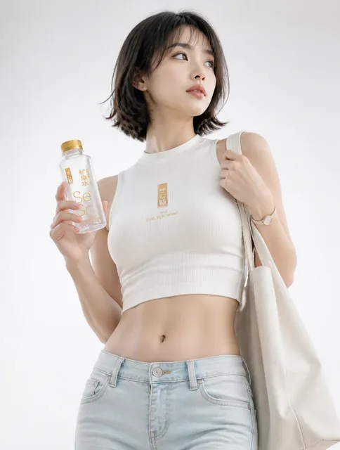 Close-up, low-angle shot of a young woman with a bob haircut, wearing a white cropped knit top and jeans, holding a coffee cup, against a white gradient background.