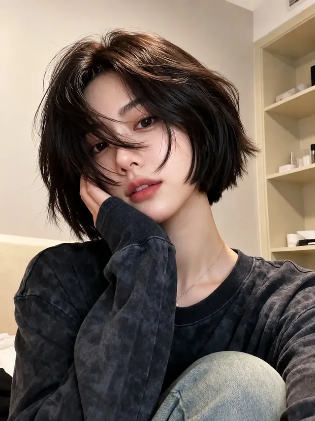 Candid indoor selfie of a young East Asian woman with a dark brown French bob and bangs, looking directly at the camera with a calm, dreamy expression, resting her face on her hand. She wears an oversized sweatshirt in a minimalist bedroom.