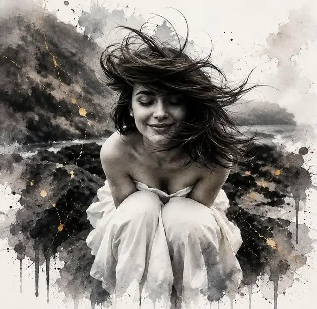 Monochrome watercolor portrait of a young woman with realistic features, dramatic lighting, abstract ink splashes, and glowing gold kintsugi accents on textured paper.