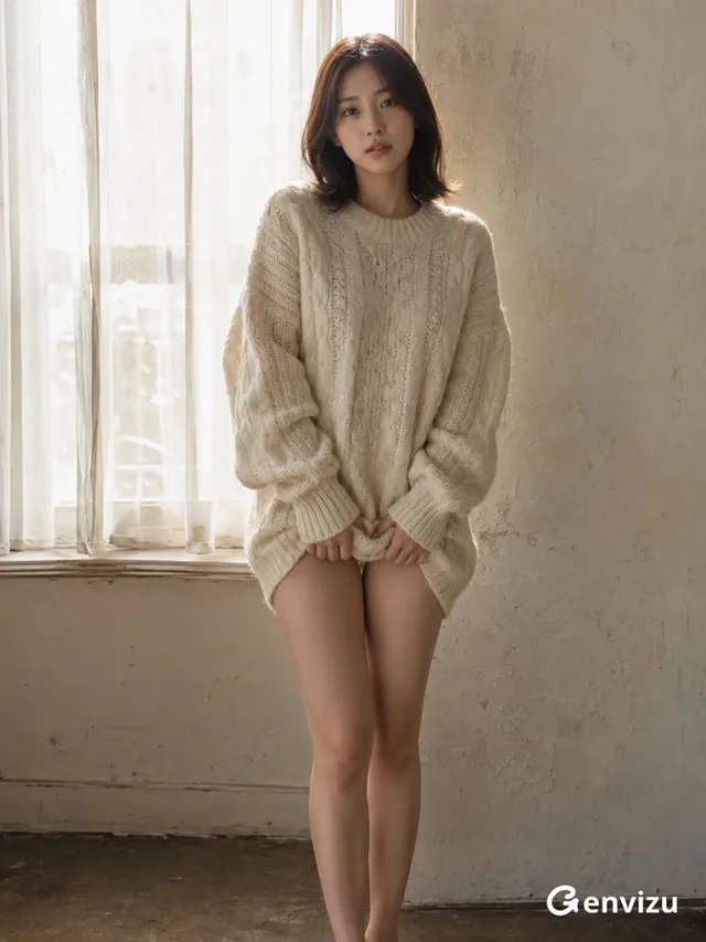 Full-length portrait of a young East Asian woman with shoulder-length dark hair, standing in a sparse apartment. She wears an oversized ivory cable-knit sweater and holds the hem with both hands. Soft backlight illuminates her from a window.