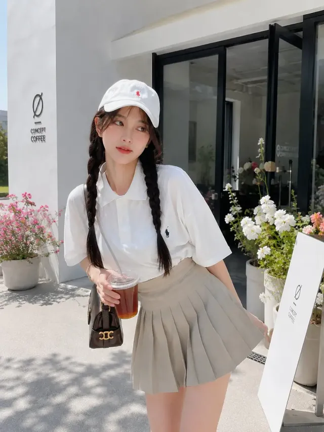 Photorealistic portrait of a young Japanese woman with twin braids and a white polo shirt, making a peace sign outside a modern cafe with a shallow depth of field.