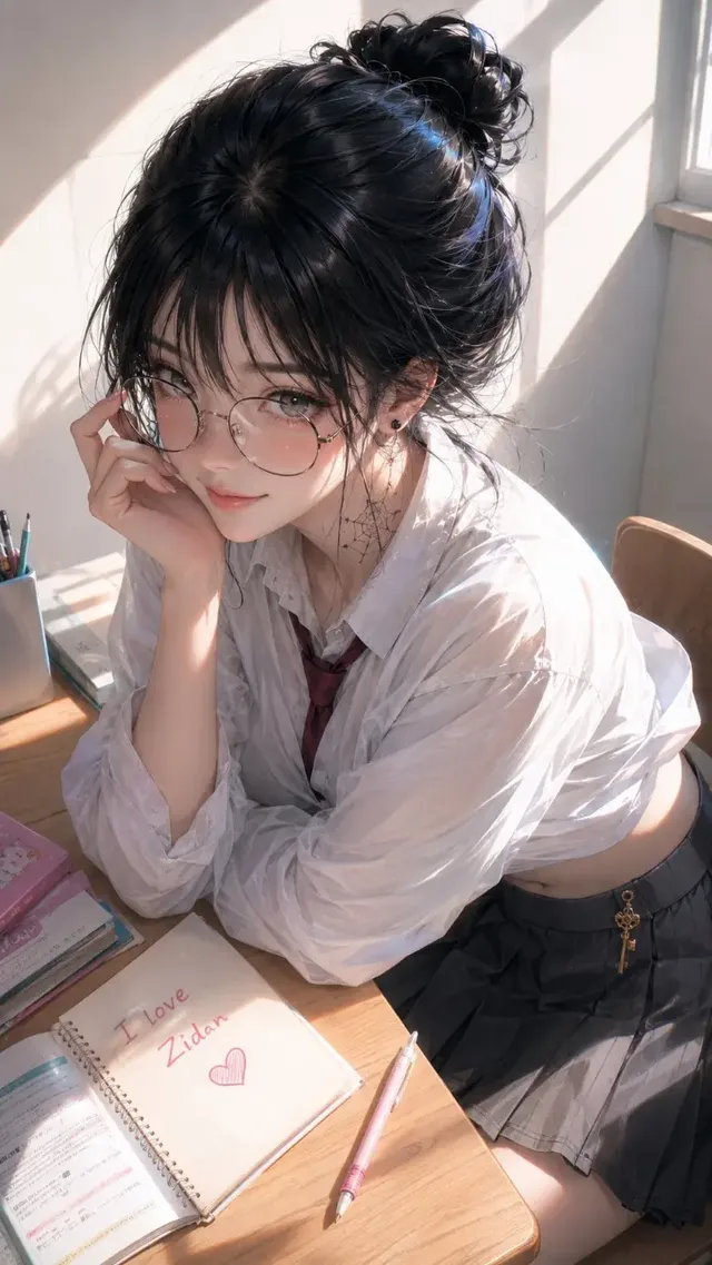 Anime illustration of a young girl with black hair, glasses, and a shy expression, glancing at the camera over her hand, with a notebook on her desk that reads 'I love Zidan'.