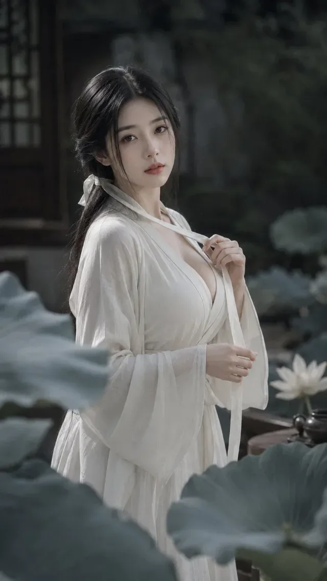 A young East Asian woman with dark hair, wearing loose white traditional clothing, is centered in the frame. Her hands gently adjust a white ribbon. Softly blurred lotus leaves in the foreground partially obscure her lower body and arms. The background is a muted, out-of-focus garden scene.