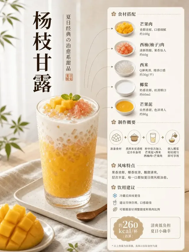 Minimalist Japanese-style poster for Yang Zhi Gan Lu (Mango Pomelo Sago), featuring a glass of the drink and menu-like cards detailing ingredients and preparation.
