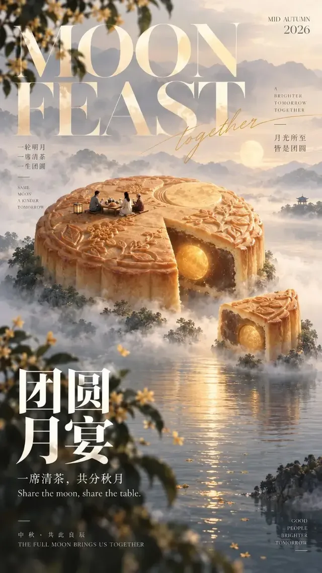 A modern, poetic Mid-Autumn Festival editorial poster with a giant mooncake dominating the upper portion, a misty lake scene below, and tiny figures for scale. Elegant typography is integrated into the design.