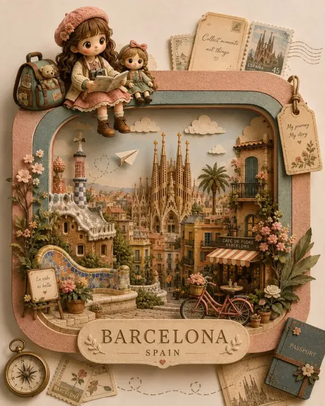 A detailed 3D paper-craft diorama depicting a young girl and her doll sitting on the edge, overlooking a magical miniature world representing a travel destination.