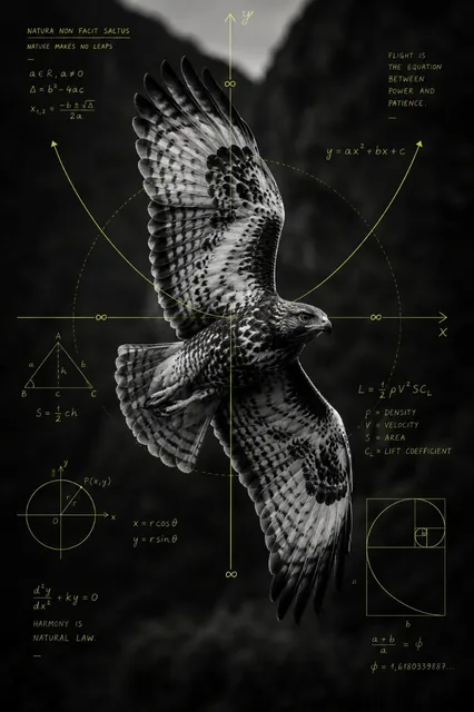 A black and white photograph of a hawk in mid-flight, with thin neon yellow-green mathematical lines and equations superimposed on the image.