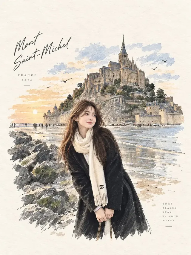 Young East Asian woman with dark hair and a warm smile, wearing a black coat and cream scarf, stands on a sandy shore with a historic abbey and castle on a rocky island behind her.