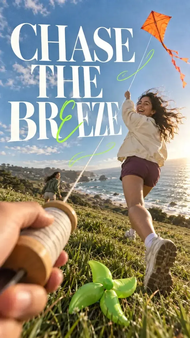 A low-angle, full-bleed candid photograph of a youthful subject, overlaid with a large white serif headline. One letter in the headline is replaced with a handwritten acid-green version, and thin green scribbles and a small green object are present.