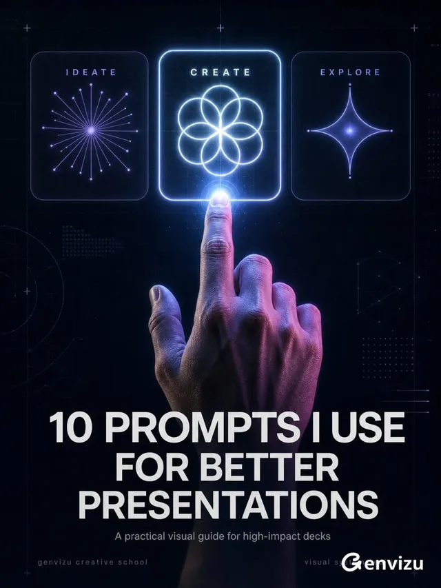 Dark vertical poster for a digital creation course. Features three interactive cards (IDEATE, CREATE, EXPLORE) with abstract symbols. A realistic hand reaches up to touch the 'CREATE' card. White text reads '10 PROMPTS I USE FOR BETTER PRESENTATIONS'. Subtle UI elements and a glowing effect.