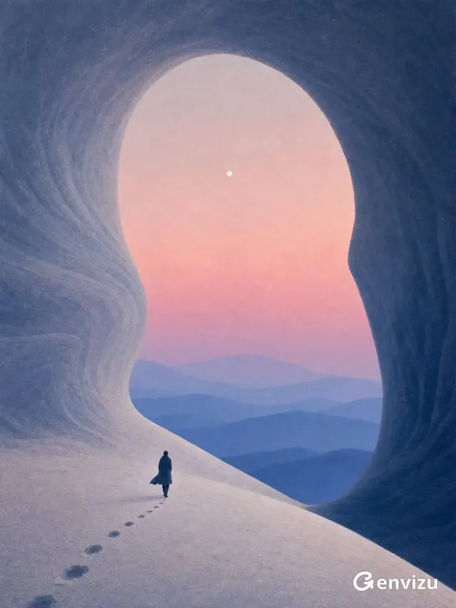 A minimalist, surreal digital painting in pastel tones. A colossal, sand-textured indigo cave with a keyhole-like opening dominates the frame, revealing a soft dusky sky. A small, solitary figure in dark clothing walks away from the viewer towards the opening across a pale sand dune.