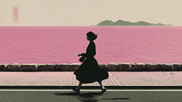 Silhouette of a woman walking by a pink ocean with a distant island.