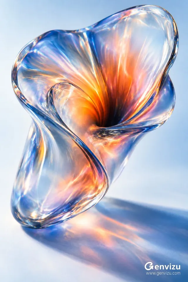 A translucent, abstract glass-resin form resembling a folded petal, illuminated by radiating amber-orange and coral light. It is set against a pale blue-white background with a long blue shadow cast to the lower right, showcasing long exposure photographic effects.