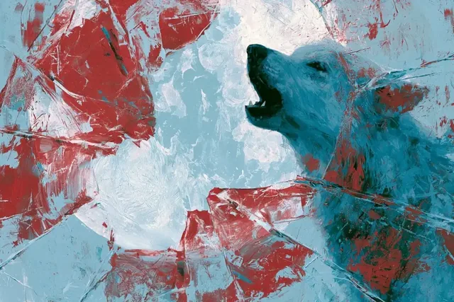 Abstract expressionist painting with a shattered mirror effect, featuring bold strokes and fragmented imagery.