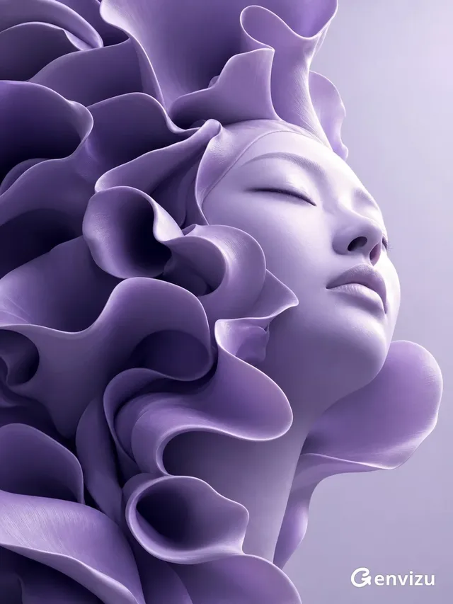 A 3D digital sculpture of a woman's head and shoulders, rendered in shades of lavender and indigo. Her hair transforms into large, soft, swirling petals and organic shapes. She has a serene, meditative expression with closed eyes.