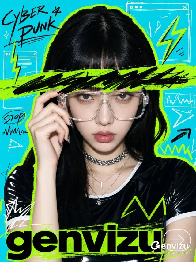 Close-up portrait of a young East Asian woman in cyberpunk style. She wears large rectangular glasses, a black top, and silver necklaces. Neon green lines, graffiti, and abstract elements overlay the background and her figure. Her expression is calm with a hint of defiance.