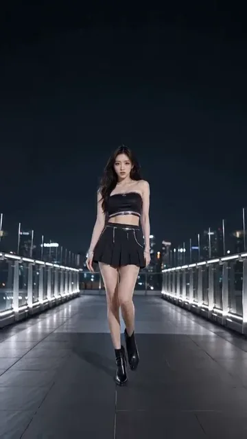 K-pop idol dancing on a city rooftop at night, with city lights in the background.
