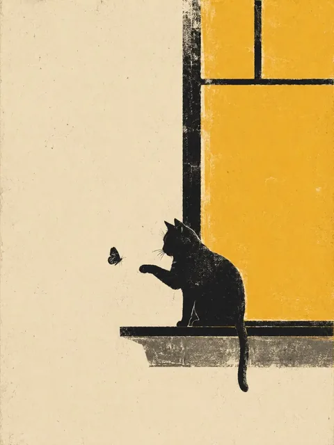 Minimalist retro print illustration with a black silhouette subject, textured off-white background, and a warm yellow accent.