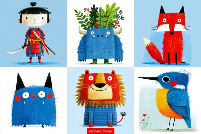 Collection of whimsical children's illustrations featuring a samurai, a monster, a fox, a lion, and a bird.