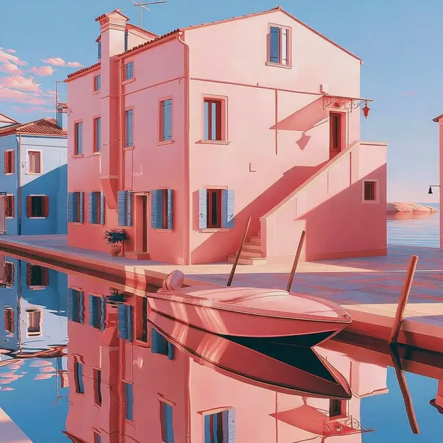 Pastel pink and blue Mediterranean resort architecture, rendered in a stylized, realistic style with clean lines and a dreamy, sun-drenched atmosphere.