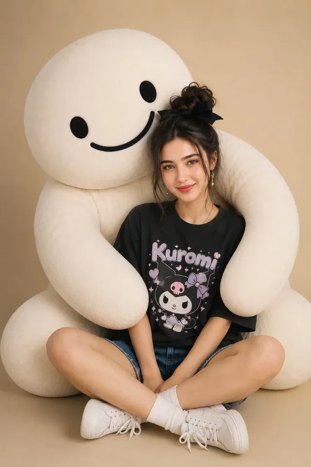 Young woman sitting cross-legged, being hugged by a large white plush mascot with a black smiling face. She wears a graphic tee and denim shorts.