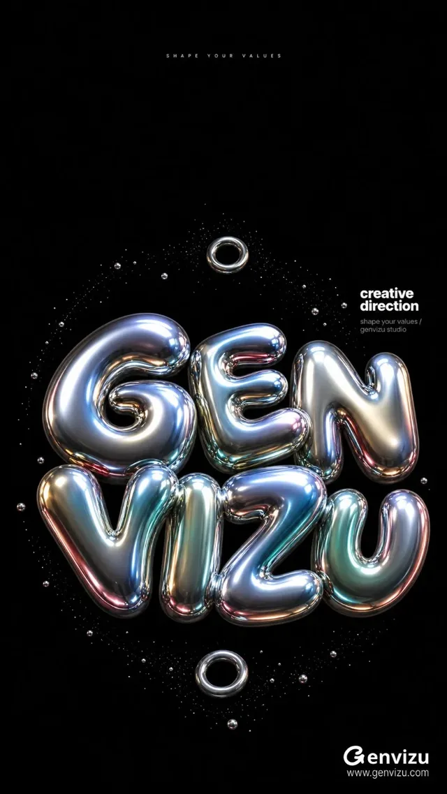 Vertical 9:16 3D poster with large, metallic bubble letters 'GEN' and 'VIZU' in the lower half against a black background. Small text 'SHAPE YOUR VALUES' at the top. Floating chrome rings and particles surround the text. White sans-serif subtitle 'creative / direction' and grey text 'shape your values / genvizu studio' are present.