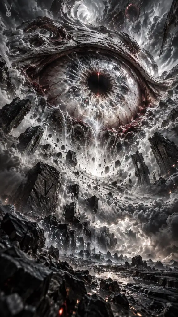 A colossal, partially obscured creature with glowing eyes emerges from a dark, debris-filled environment, rendered in hyperrealistic cinematic CG with dramatic lighting and particle effects.