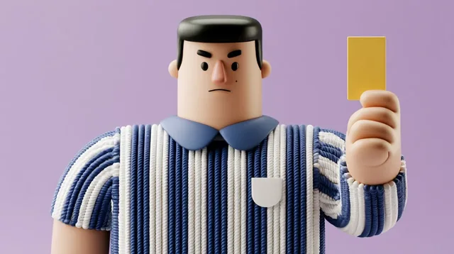 A stylized 3D render of a cartoon referee holding a yellow card.