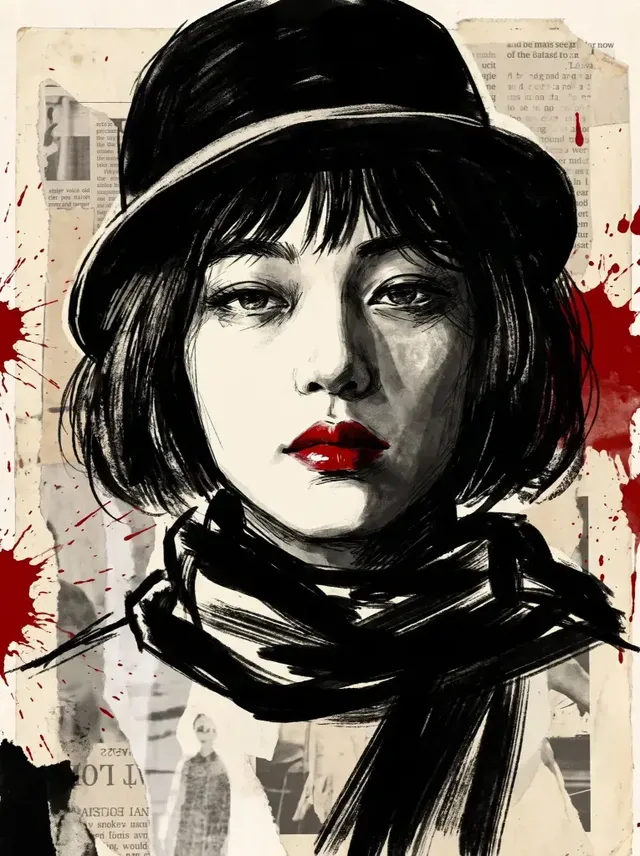 A dramatic vintage fashion portrait of a mysterious woman with a black cloche hat, monochrome skin tones, and striking glossy crimson lips against a torn newspaper collage background.