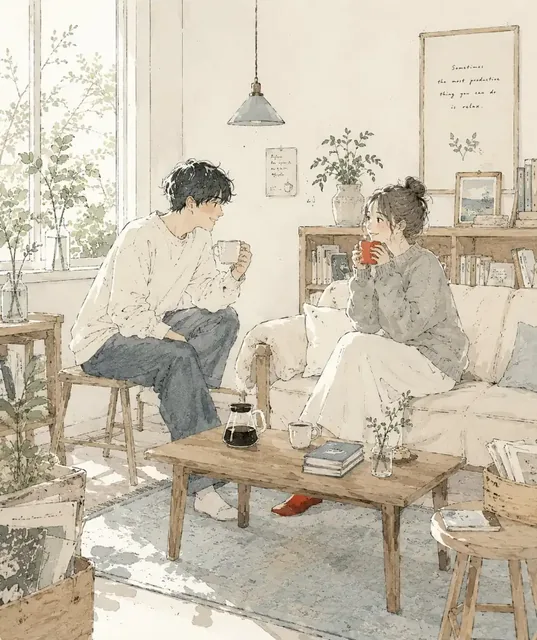 Two young adults seated at a wooden table in a sunlit café, sharing a quiet conversation over coffee.